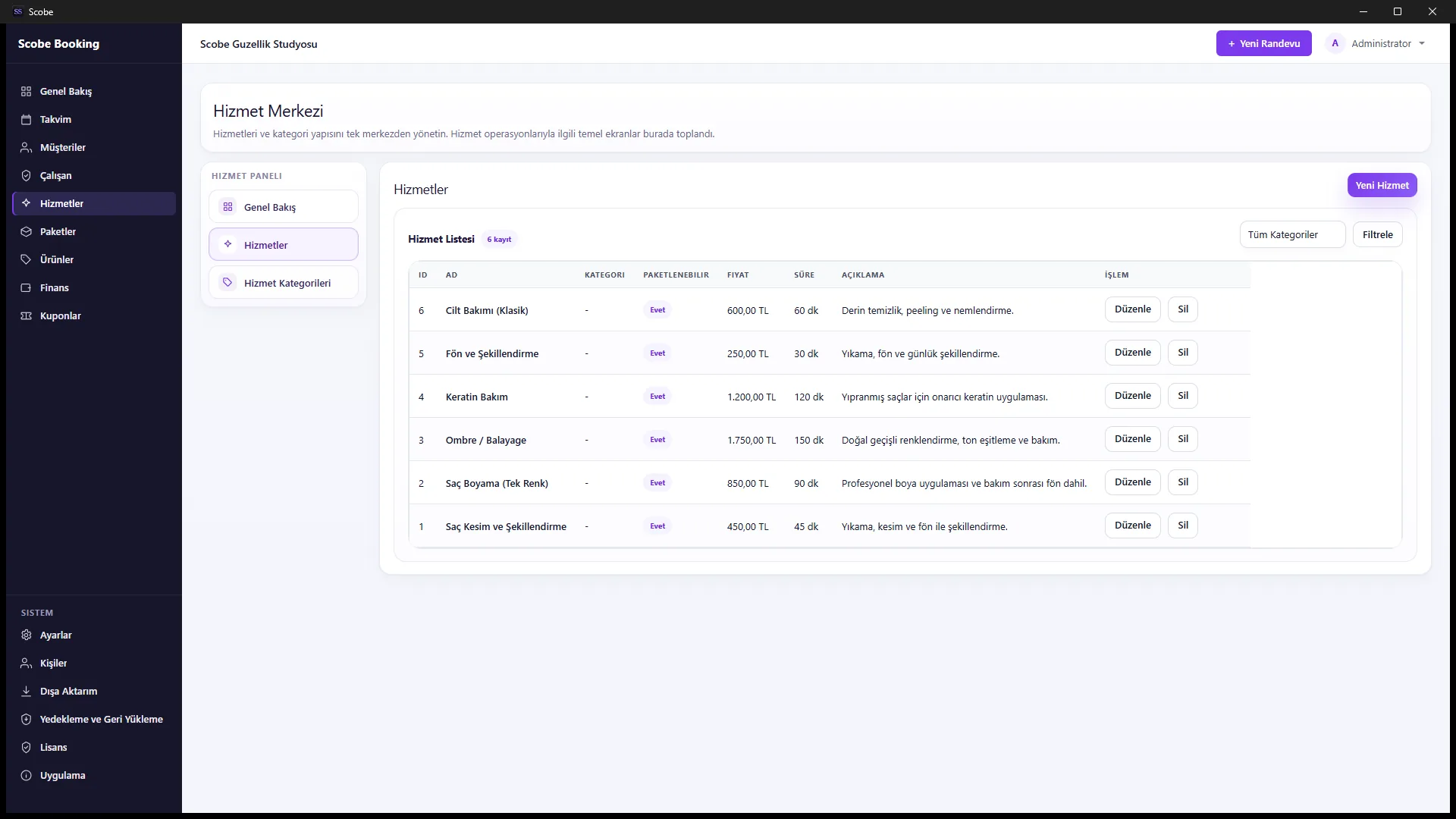 Scobe Desktop Windows application showing a demo salon’s service catalog and business navigation.